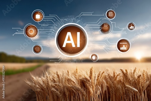 AI-powered agriculture technology visualizing precision farming data and analytics over wheat field at sunrise