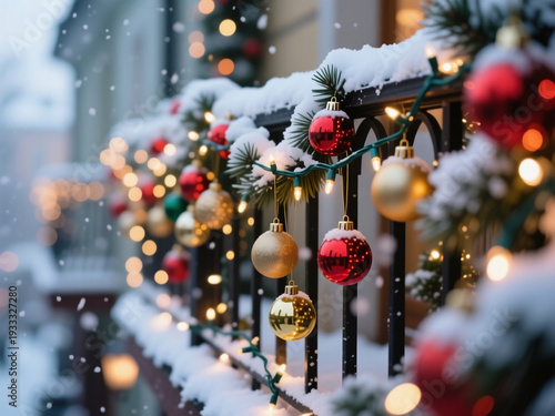 Wallpaper Mural Colorful Christmas balls hang on a winter balcony, shimmering among warm lights as soft snowflakes gently fall. A peaceful day invites holiday cheer and warmth Generative AI Torontodigital.ca