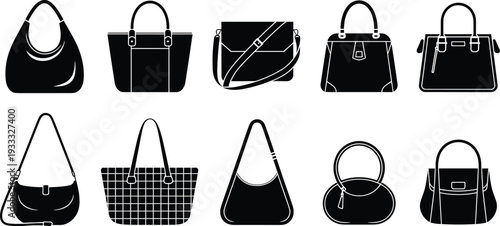 Collection of black female handbag silhouettes and detailed outline purses including tote bags shoulder satchels and fashion accessories for design