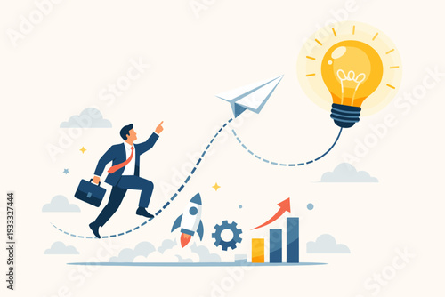Businessman Running Upwards Towards Glowing Light Bulb with Paper Plane, Symbolizing Startup Business Idea, Innovation, Creative Vision, Success, and Financial Growth with Rocket Launch and Bar Chart.