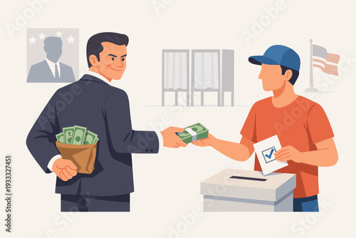 Political Corruption Concept with a Corrupt Politician in a Suit Buying a Vote from a Voter by Giving Cash Money near a Ballot Box and Voting Booths during Election Day in the United States.