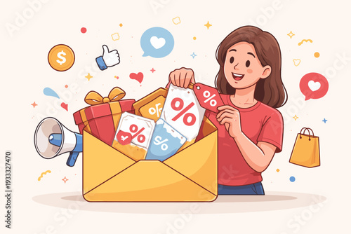 Happy young woman opening a large yellow envelope filled with discount coupons, gift boxes, and promotional offers. Concept of email marketing, digital advertising, online shopping, and sales.