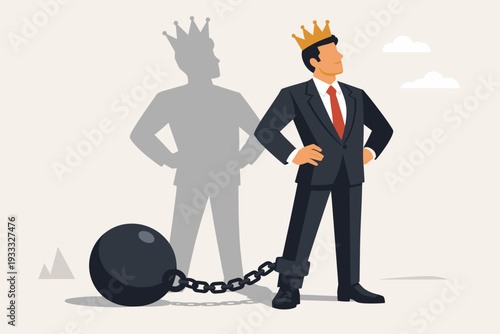 Confident Businessman with Gold Crown Chained to Heavy Weight Ball, Concept of Ego, Arrogance, Pride, and Self-Importance, Flat Vector Illustration of Narcissism and Hidden Professional Burdens.