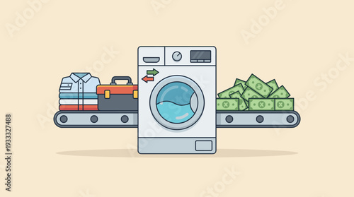 Money Laundering Concept Illustration with Washing Machine on Conveyor Belt, Briefcase, Folded Clothes, and Pile of Cash Banknotes Representing Financial Crime and Illegal Earnings Processing.