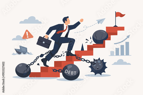 Businessman breaking chains of debt and overcoming obstacles while climbing a red staircase towards success and a goal flag. Concept of resilience, career growth, and financial freedom.