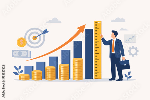 Businessman measuring growing bar graph with ruler for financial success and investment growth concept, stacks of gold coins, target, and upward arrow representing profit and income boost.