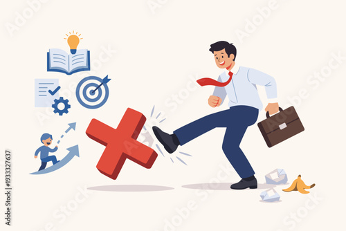 Businessman Kicking Away Red Cross Symbolizing Failure and Mistakes to Achieve Success, Career Growth, and Professional Development Concept with Icons of Learning, Goals, and Progress