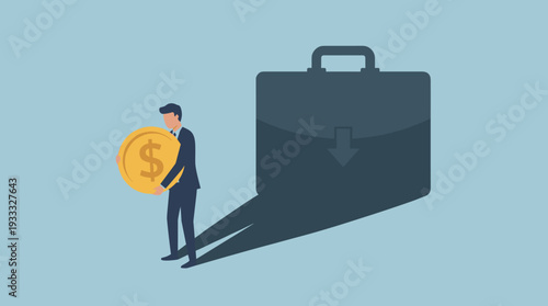 Businessman holding a large gold dollar coin with a shadow of a heavy briefcase and downward arrow, representing tax burden, financial debt, income tax payment, and government duty concept.