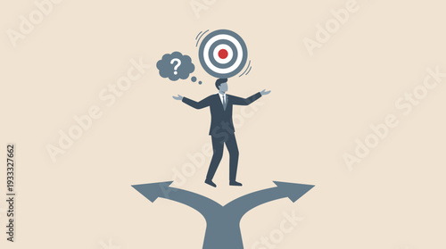 Businessman at a crossroads facing a difficult decision or career path choice, uncertain about his target and goals, represented by a question mark and arrows pointing in opposite directions.