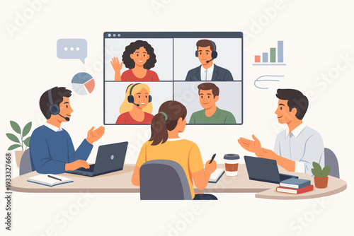 Professional business team having a videoconferencing and online meeting in a workspace. Hybrid work concept with colleagues collaborating via video call on a screen in a modern office setting.