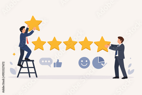Two Businessmen Giving Five Stars Rating for Customer Review and Feedback Concept. Professional Men in Suits Evaluating Service Quality with Yellow Stars, Thumbs Up, and Smiley Face Icons.