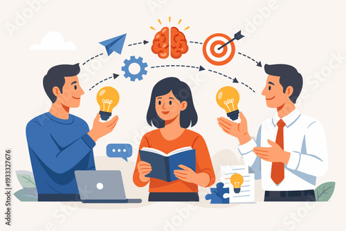 Knowledge Transfer and Idea Sharing Between Employees in a Teamwork Environment. Flat Vector Illustration of Business Professionals Collaborating, Brainstorming, and Sharing Creative Innovations.