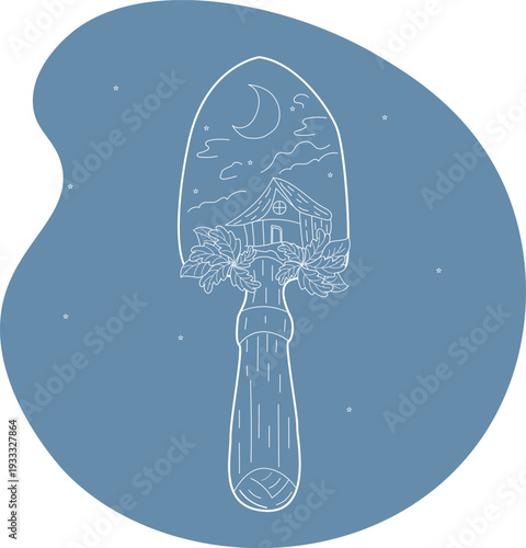 Creative white outline of a garden shovel featuring a miniature house, set against a blue organic background.