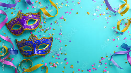 Colorful masks and festive decorations on a blue background for a celebration or party