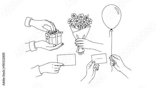 A black and white line drawing of hands exchanging gifts and a bouquet of flowers with a balloon