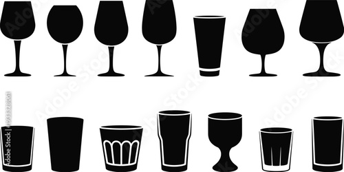 Collection of black glassware silhouettes including wine glasses, beer pints, cocktail tumblers, and shot glasses isolated on white background for design