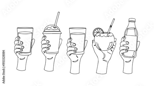 A set of hands holding different types of cold drinks in a line drawing style