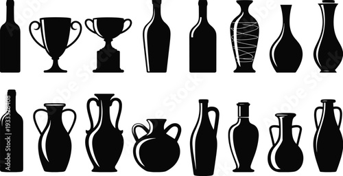 Collection of black silhouettes featuring wine bottles, trophies, ancient Greek amphorae, decorative vases, and ceramic pottery isolated on white background