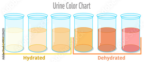 Urine color chart. Hydration, dehydration level infographic. light yellow to red, urine in glass test containers. Vector illustration