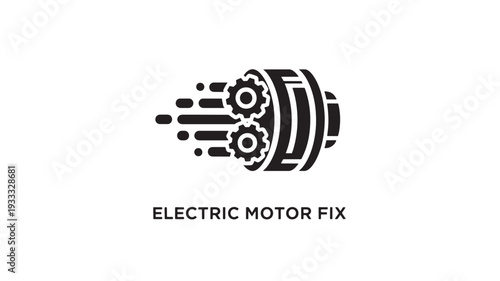 A black and white logo of an electric motor with gears, representing repair and fix services, on a clean white background.