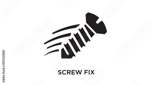 A black screw icon with motion lines, indicating fastening or repairing, on a white background with 'SCREW FIX' text, representing maintenance and tool concepts.