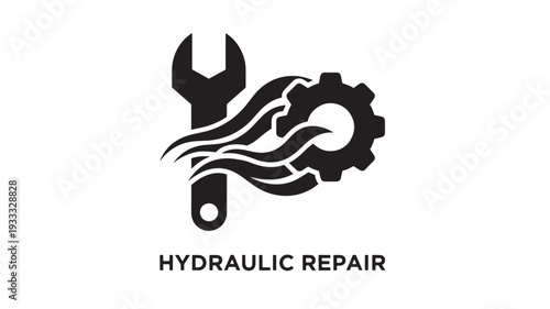 A black and white logo featuring a wrench and gear with a flame, representing hydraulic repair services. The image is simple, yet effectively conveys industrial maintenance and repair.