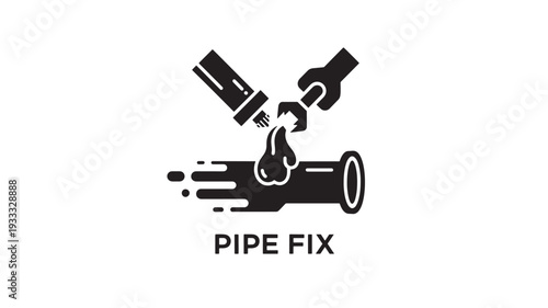 A black and white illustration of a pipe repair icon featuring a wrench and pliers fixing a pipe, conveying a sense of maintenance and repair on a clean white background.