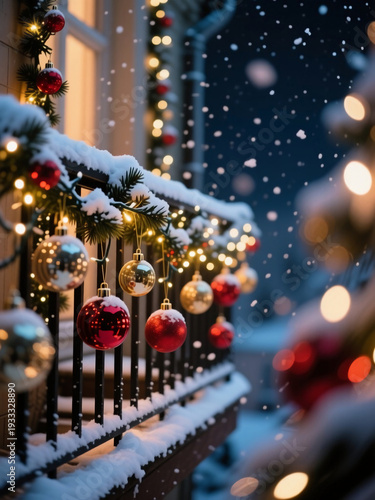 Wallpaper Mural Soft snow blankets the balcony as colorful Christmas balls hang gracefully from the railing, surrounded by twinkling lights against a magical winter night Generative AI Torontodigital.ca