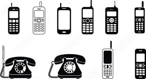 Vintage rotary telephones and mobile cell phone icons combined with glassware and ceramic pottery silhouettes isolated on a white background