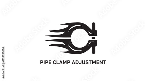 A black and white icon depicting a pipe clamp adjustment tool, symbolizing industrial or mechanical work, with a bold and modern design on a clean white background.