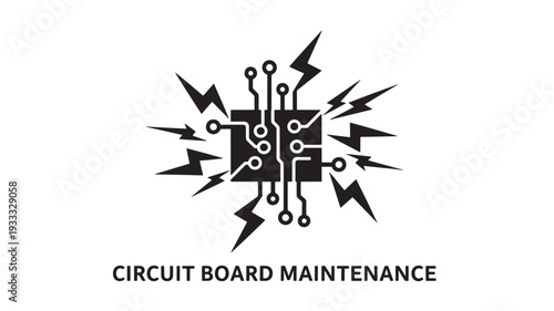 A black and white icon depicting circuit board maintenance, with a stylized circuit board surrounded by lightning bolts, symbolizing repair and cleaning