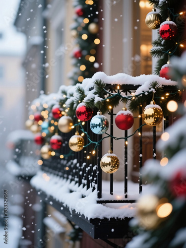 Wallpaper Mural Bright red and gold Christmas balls hang cheerfully from a snowy balcony, surrounded by greenery and glimmering lights. The winter day sparkles with holiday joy Generative AI Torontodigital.ca
