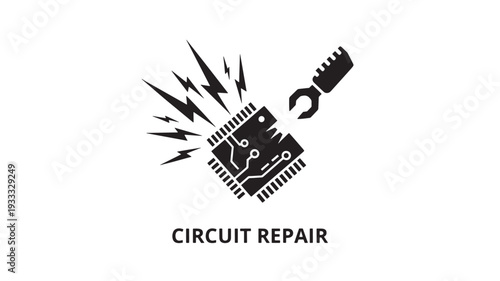A black and white icon depicting a microchip with a wrench, symbolizing circuit repair and electronics maintenance, with lightning bolts indicating electrical issues.