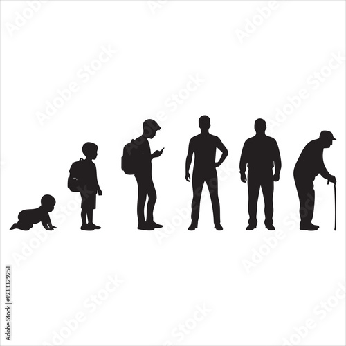 Human life stages silhouette progression from baby to elderly man. Adobe Illustrator Artwork
