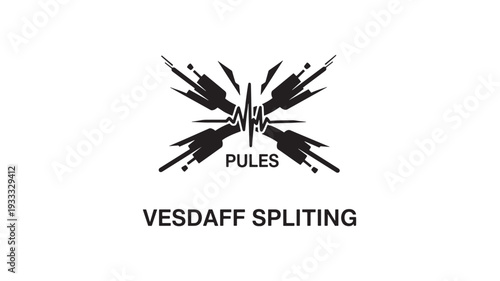 A striking black and white logo featuring an abstract design with the text 'Pules' and 'Vesdaff Splitting', set against a clean white background, ideal for branding and identity concepts.