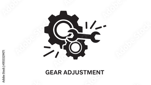 A black and white icon depicting gear adjustment with a wrench, representing maintenance and repair concepts in a simple, modern style.