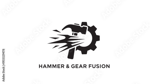A black and white logo featuring a hammer striking a gear, representing industry and mechanical repair, on a clean white background.