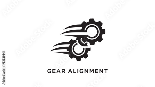 A stylized black and white icon depicting gear alignment with motion lines, conveying dynamic movement and precision. Suitable for industrial, technology, or machinery-related projects.
