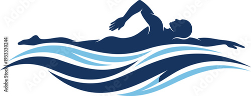 Abstract blue swimmer silhouette performing freestyle stroke in dynamic ocean waves vector illustration isolated on white background for sports fitness and aquatic training concept