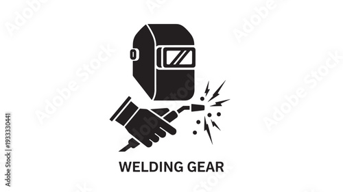 A black and white icon depicting a welding helmet and hand holding a torch, with sparks flying, representing industrial work and safety equipment.