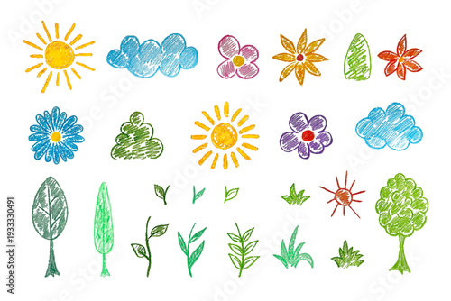 Bright colorful Drawing with children's flowers Tree and Squiggles. Trendy charcoal pencil elements for kids. Vector objects cloud, sun, flower, leaves, plants, strokes, scribbles, heart on white.