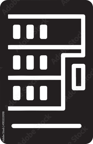 Black and white of a computer server rack with multiple compartments data center technology IT infrastructure