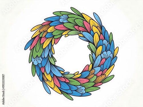 Artistic multicolor floral circlet design with various petal shapes