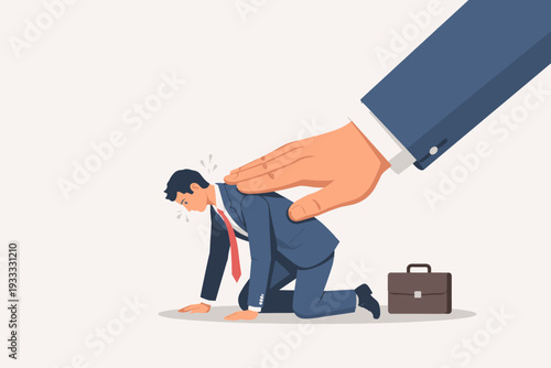 Stressed businessman on knees being pushed down by a giant hand. Concept of workplace pressure, burnout, corporate hierarchy, mental health struggle, and heavy workload in business environment.