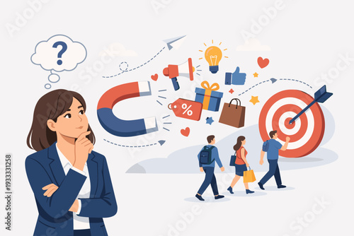 Professional businesswoman planning a marketing campaign with a magnet attracting potential customers and sales icons like megaphone and gift box towards a target for business success.