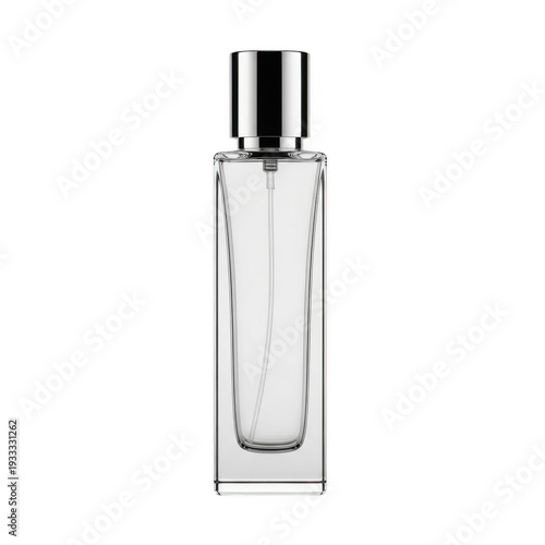 Clear glass perfume bottle with a sleek silver cap