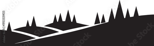 Black and white of stylized mountain peaks and a winding road landscape path