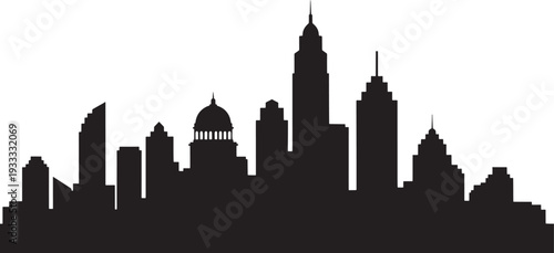 Black silhouette of a diverse city skyline with varied building shapes and a dome buildings architecture