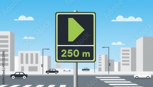 Directional Road Sign Indicating Distance to Turn on a City Street Under a Bright Sky