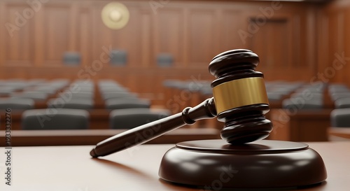A wooden gavel rests on a sound block in a courtroom with rows of seats in the background, symbolizing justice and law
